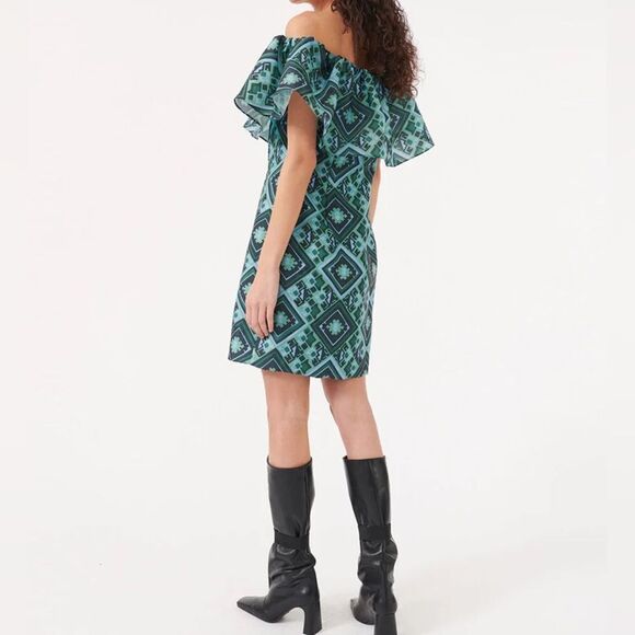 NWOT Baum Und Pferdgarten Alice Geo Print Off Shoulder Mini Dress Green/Blue M - Picture 6 of 15
